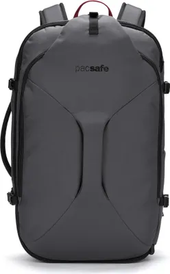 A front view of a gray backpack.