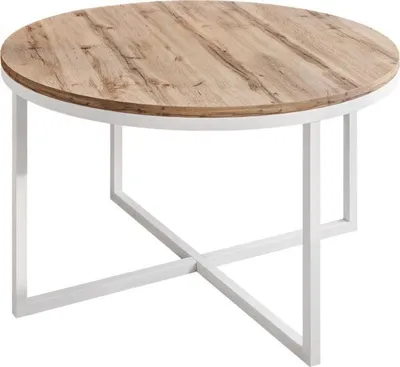 A round coffee table with a wood-look top and a white metal base.