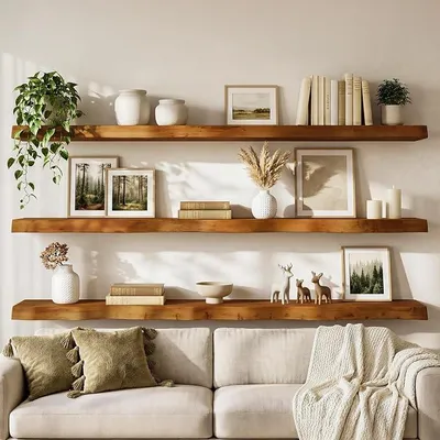 Imagen del producto de Estanterías flotantes de madera maciza de 120 cm, juego de 3 unidades. Estanterías flotantes para especias, estanterías de pared para la cocina, estanterías de madera para el baño, ideales para salón, dormitorio, cocina y baño