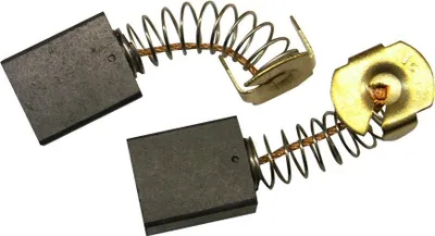 Two carbon brushes with springs and connectors, isolated on a white background.