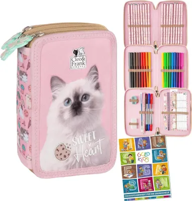 Produktbild von Goldkids - Federmäppchen 3 Fächer - Mäppchen für Mädchen und Jungen - Federmappe 3-Fach Federtasche Gefüllte Schüleretui Schulmäppchen - Katze Motiv