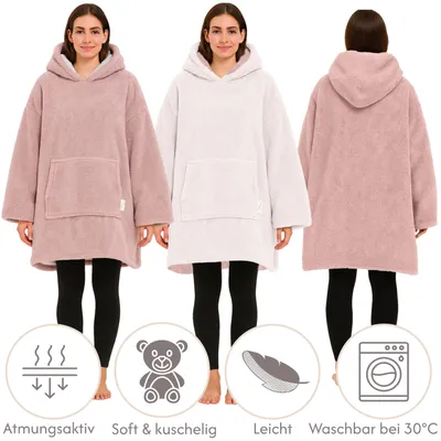 Produktbild von CalmyLIFE Hoodie Decke mit Ärmeln - Sherpa Wende Deckenpullover Oversize Kuscheldecke zum anziehen Kuschelponcho für Damen Herren XXL Poncho Blanket Pullover Altrose/Weiss