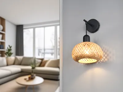 Produktbild von LED Wandlampe mit Schalter Korblampe Lampenschirm geflochten aus Bambus, H: 30cm