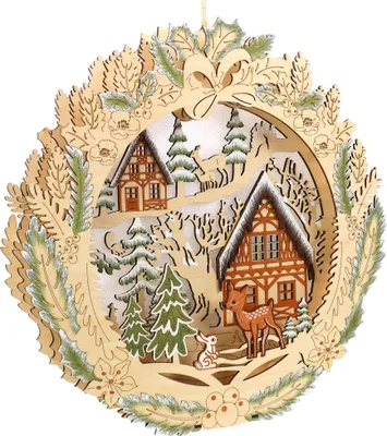 Produktbild von 3D Beidseitiger Schwibbogen Lichterbogen Holzschnitt Winterlandschaft aus Holz zum Aufhängen mit Licht 35*6*35cm batteriebetrieben mit On-Off Schalter, Timer Funktion (6h On/18h Off)