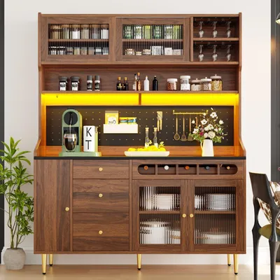 Image de Armoire de cuisine avec éclairage LED et étagère à vin, buffet avec étagères réglables, en noyer, dimensions : 145 x 39 x 171 cm