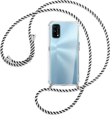 Produktbild von Handykette Backcover-Schutzhülle mit Band (Metall silberfarben) für Realme 7 Pro - schwarz/weiß gestreift