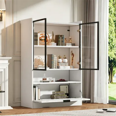 Image de Vitrine LED moderne, finition mate, hauteur 120 cm, vitrine sur pied avec éclairage LED, meuble de salon, portes vitrées et porte battante, meuble d'exposition en aggloméré, blanc