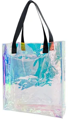 Image de Sac à main holographique transparent - Fabriqué en PVC étanche - Idéal pour le sport, le travail, les stades et les voyages - Noir avec des poignées noires
