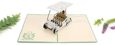 Imagen del producto de Mapa tridimensional tipo "pop-up" de un carrito de golf, hecho a mano, tarjeta plegable, ideal para golfistas
