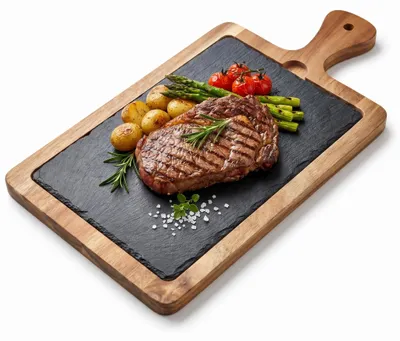 Produktbild von hausleben Servierbrett aus Holz mit Schieferplatte 34x18 cm – Akazienholz Käseplatte mit Griff – Rechteckiges Frühstücksbrett, Tapasplatte & Messerfreundliches Schneidebrett zum Servieren