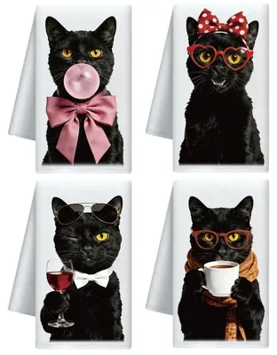 Immagine prodotto di Set di 4 strofinacci in microfibra, motivo gatto nero, 60 x 40 cm, altamente assorbenti