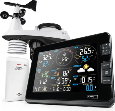 Produktbild von EMOS Wetterstation WLAN mit Windmesser und Regenmesser - zur Wettervorhersage, für drinnen & draußen - Überwacht Zeit, Datum, Temperatur, Luftfeuchtigkeit, Luftdruck - 12-24 Stunden Vorhersage