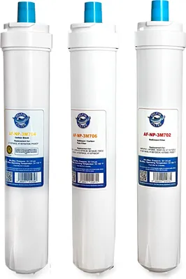 Three white water filter cartridges with blue tops and labels are displayed side-by-side against a white background.