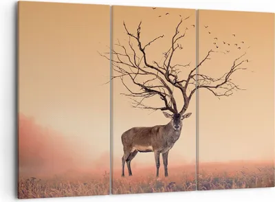 Produktbild von Bild auf Leinwand - Leinwandbild - Hirsch Baum Nebel Wald - 105x70cm - Wand Bild - Wanddeko - Leinwanddruck - Bilder - Kunstdruck - Wanddekoration - Leinwand bilder - Wandkunst - CE105x70-3127
