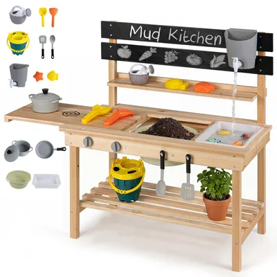 Image de COSTWAY Cuisine de jeu 2 en 1, avec plan de travail coulissant, évier, ustensiles de cuisine, accessoires et compartiments de rangement, cuisine en bois pour enfants à partir de 3 ans