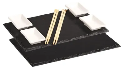 Schieferplatten-Set mit 4 Dipschalen und 10 Essstäbchen