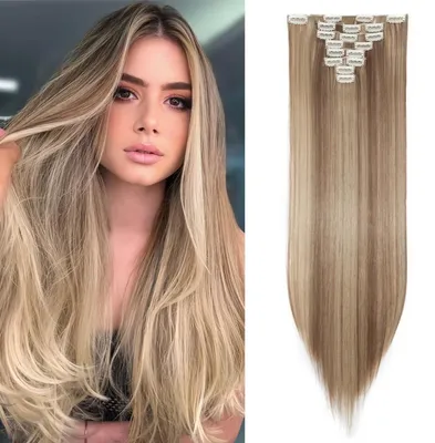 Image de Extensions à clipser, cheveux synthétiques, pièce de cheveux, 8 mèches, 18 clips, lisses, blond clair/brun miel, 66 cm, 140g
