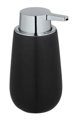 A black soap dispenser with a silver pump mechanism, shown against a white background.