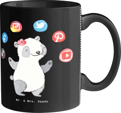Produktbild von Mr. & Mrs. Panda Kaffeetasse Social Media Managerin Herz - Schwarz - Geschenk, Tasse, Keramiktasse, Teetasse, Pott, Becher