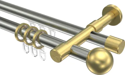 Produktbild von Interdeco Rundrohr-Innenlaufstange / Gardinenstange (Kombination) Edelstahl-Optik / Messing-Optik, Typ Prestige Luino (Kugel), 20 mm Ø 2-läufig, 120 cm