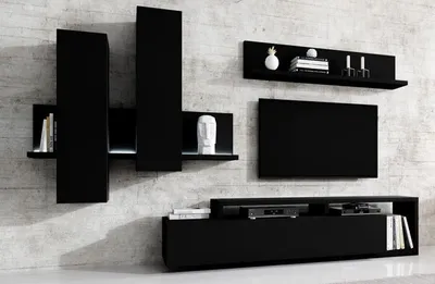 Produktbild von Wohnwand Anbauwand Schrankwand Modern 3-teilig Grifflos Schwarz Matt 73548459