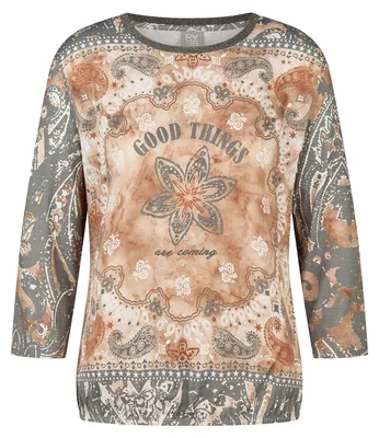 Produktbild von Rabe Damen T-Shirt mit Paisley-Print, Steinmotiv, 3/4-Ärmel, lässige Passform, Grau, Gr. 44