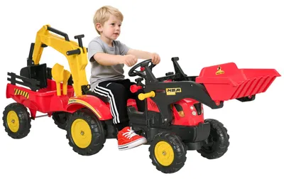 Produktbild von HOMCOM Trettraktor mit Anhänger Tretbagger Traktor mit Frontlader ab 3 Jahre Rot
