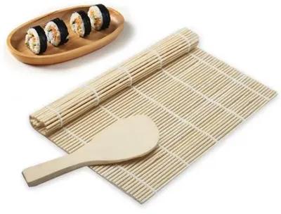Produktbild von Sushi-Matten – Rollmatte für Sushi – Sushi-Rollmatte – Bambusmatte – mit Reislöffel aus Holz – 2 Sets – Sushi-Matte – Sushi zubereiten – Matten mit Löffeln – 24/24 cm – CHPN