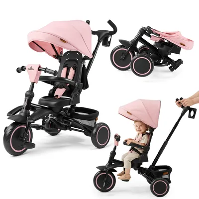 Immagine prodotto di Triciclo HyperMotion Tobi Timber, pieghevole, da 1 a 5 anni, ruote in EVA, sedile girevole a 360°, triciclo multifunzionale per bambini, rosa