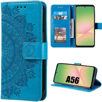 Image de Coque pour Samsung Galaxy A56 5G, Protection Antichoc Anti-Rayures Cuir Synthétique Gravure Mandala Exotique Bleu