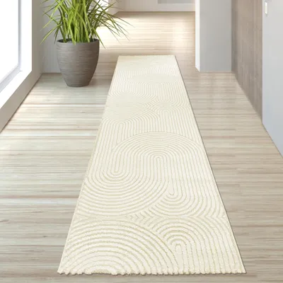 Produktbild von Moderner Wohnzimmerteppich mit elegantem Bogenmuster in Creme Größe - 80 x 300 cm