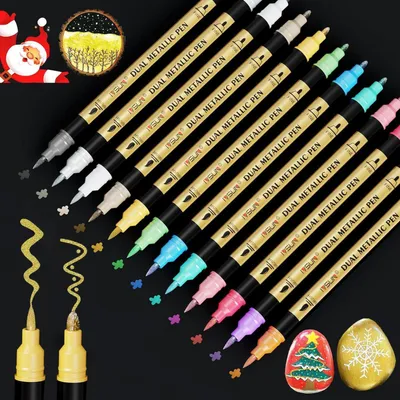 Produktbild von Metallic Marker Stifte Set, 12 Dual Tip Acrylstifte Wasserfest für Fotoalbum, Gästebuch, Scrapbooking, Holz, Glas, Steine