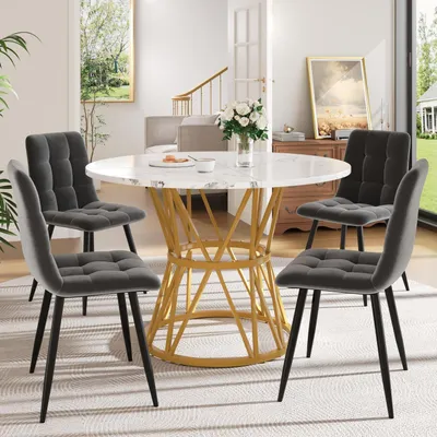 Produktbild von Essgruppe Esstisch mit 4 Stühlen Rund 100x100x76 cm Weiß mit Goldenen Metallbeinen und 4 Grauen Samtstühlen
