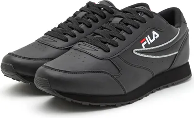 A pair of black Fila sneakers shown from a slightly elevated side angle against a white background.