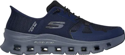 A side view of a blue Skechers shoe on a white background.