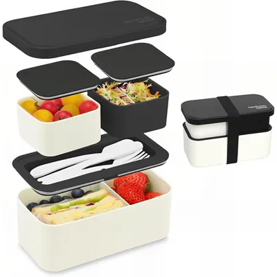 Zdjęcie produktu dla Lunchbox 1450 ml 2 w 1 z 3 przegródkami, szczelny, bez BPA, czarny