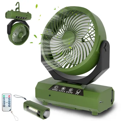 Produktbild von Clanmacy Tragbarer, wiederaufladbarer Ventilator - 20000mAh Camping-Ventilator mit Licht und Haken, geeignet für Zelte, im Freien - USB-batteriebetriebener Ventilator, geeignet für Picknicks, Grillpartys, Angeln,Grün