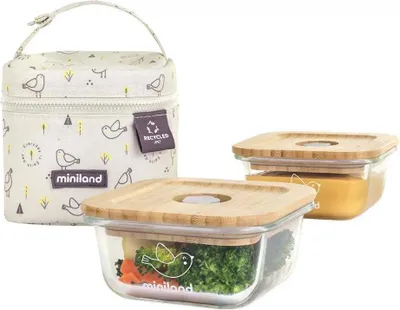 Immagine prodotto di Miniland ECO-friendly Contenitori quadrati in vetro 2x210 ml con borsa isotermica, Uccellino