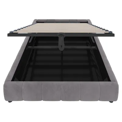 Produktbild von STILVORA Polsterbett 140x200 mit LED-Lichtleiste,Doppelbett ohne Kopfteil mit hydraulischer Schwebebettrahmen,Jugendbett mit Lattenrost und Stauraum,ohne Matratze,Grau