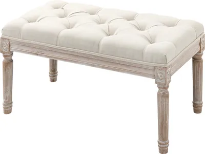 Produktbild von Sitzhocker, Polsterbank mit Leinenoptik, Fußhocker mit gepolstertem Sitz, Holzbein, Ottomane Fußstütze aus Holz, für Wohnzimmer, Schlafzimmer, Cremeweiß