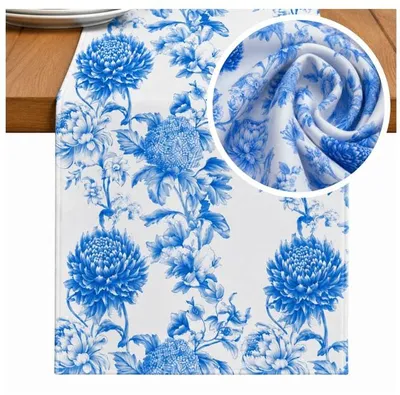 Produktbild von MEBLE ODNOWA, Tischläufer 40 × 275 cm, Toile Blumenmuster, Weiß-Blau, 100 % Polyester, Elegante Tischdekoration, Waschbar, Klassisch, Vintage