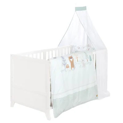 Produktbild von roba Komplettbettset Woodland Buddies, Babybett 70x140 cm aus Holz inkl. Matratze, Bettwäsche, Himmel & Stange, mitwachsendes Kinderbett