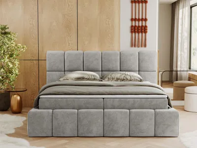 Produktbild von MKS MEBLE Boxspringbett, Doppelbett NIRA mit dekorativem Kopfteil, Multipocket-Matratze und Topper, Polsterbett mit Bettkästen - 180 x 200 cm - H3 - Hellgrau Struktur