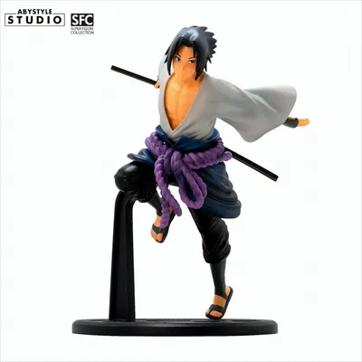 A figure of the anime character Sasuke Uchiha from Naruto Shippuden, posed dynamically on a black stand.