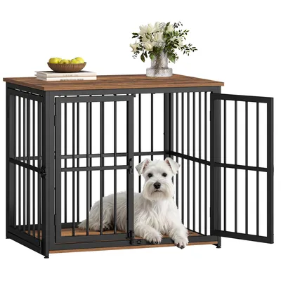 Produktbild von Hundebox Holz 80x60x70 cm, Vintagebraun & Schwarz, 3 Türen, Möbel-Hundekäfig als Beistelltisch, stabil, für kleine bis mittelgroße Hunde
