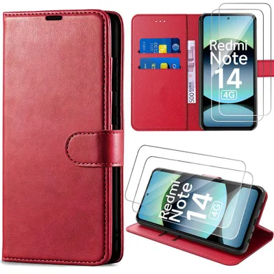 Image de Coque + 2 Verres Trempés pour Xiaomi Redmi Note 14 4G, Protection Antichoc Anti-Rayures CuirPolyuréthaneRouge