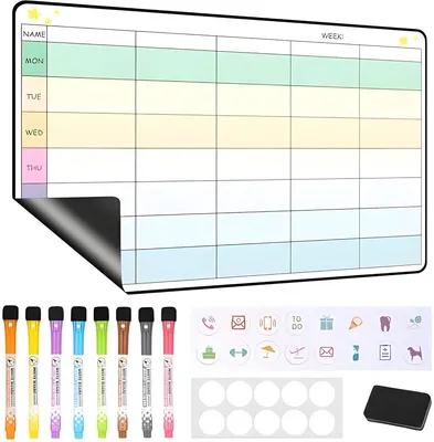 Produktbild von PolkaHome® Magnetischer Wochenplaner Whiteboard – auswischbares Memoboard mit 8 Markern & Schwamm – 42 x 28 cm – Familienplaner für