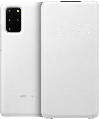 A white Samsung phone with a flip case is shown.