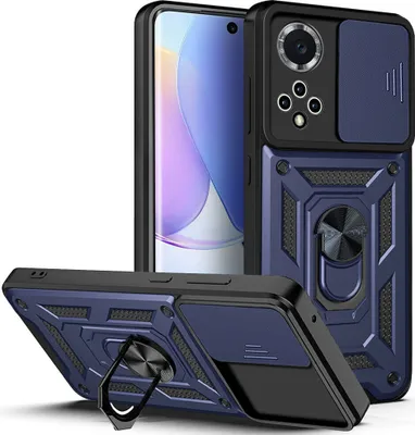 A phone case with a ring stand and camera cover is displayed from multiple angles.