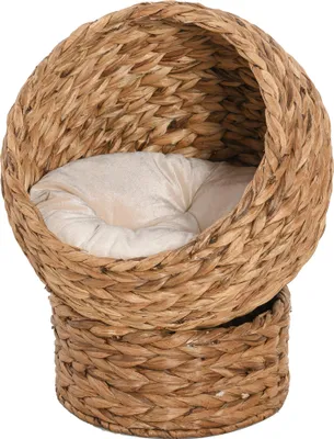 Produktbild von Rattan Katzenkorb Katzenhöhle Katzenhütte Katzenbett mit Kissen Haustierbett Wasserhyazinthe Braun 50 x 42 x 60 cm